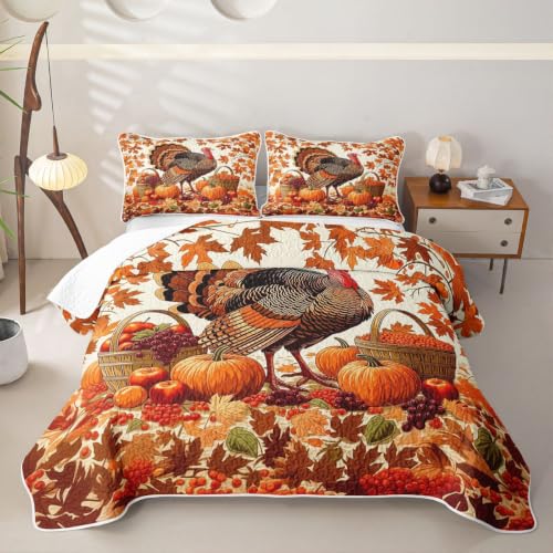 Castle Fairy Autumn Turkey Quilt Set Queen Size - Fall Harvest Bedding with Pillow Shams - Orange Red Cream, 3 Pieces