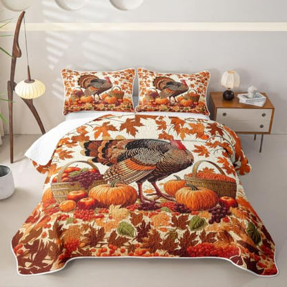 Castle Fairy Autumn Turkey Quilt Set Queen Size - Fall Harvest Bedding with Pillow Shams - Orange Red Cream, 3 Pieces