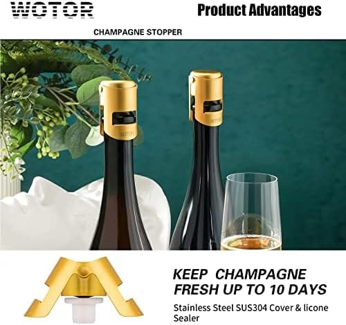 WOTOR Champagne Stoppers Stainless Steel, Prosecco Bottle Stopper with Food Grade Silicone, Reusable Champagne Cork & Saver, Leak proof Keep Fresh (Gold, 2 Pack)