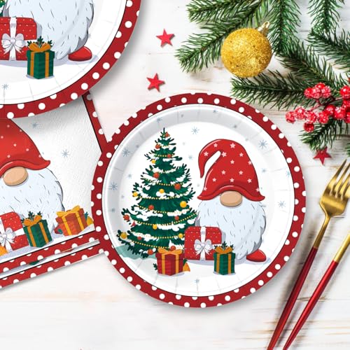 Christmas Paper Plates and Napkins Set for 50 Guests - Gnome & Tree Pattern Disposable Tableware