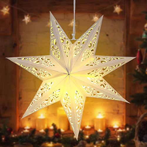 Kingdder Paper Star Lantern with Light - Warm Yellow Christmas Decor, 1 Pc