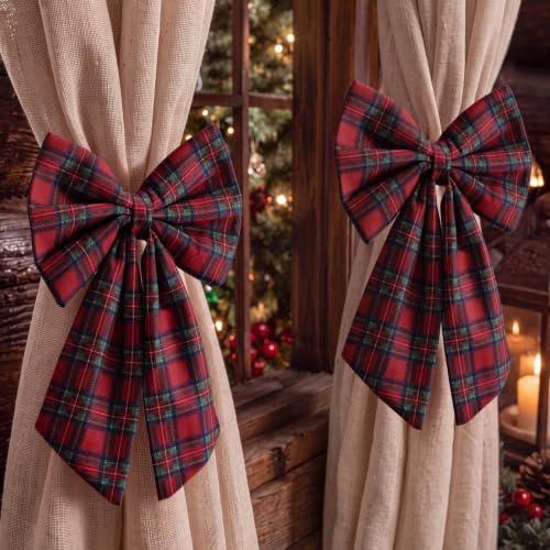 Christmas Plaid Bow Curtain Tiebacks Red Green Tartan Set - Farmhouse Decor
