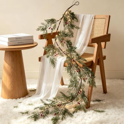 Pre-Lit Christmas Cedar Garland with Red Berries 6ft with Timer, Indoor Holiday Decor