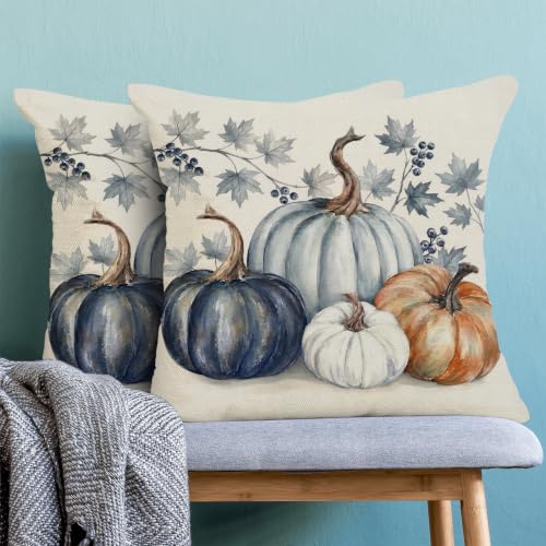 Fall Throw Pillow Covers 18x18 Inch - Pumpkin Maple Design Set of 2 - Orange Blue