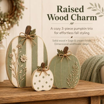 Wildflower Wooden Pumpkin Set - Farmhouse Fall Decor, 3 Sizes