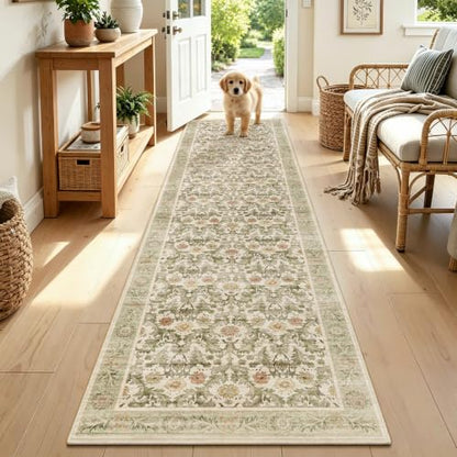 Beige Sage 2x8 Washable Non-Slip Floral Runner Rug - Vintage Boho Hallway Mat