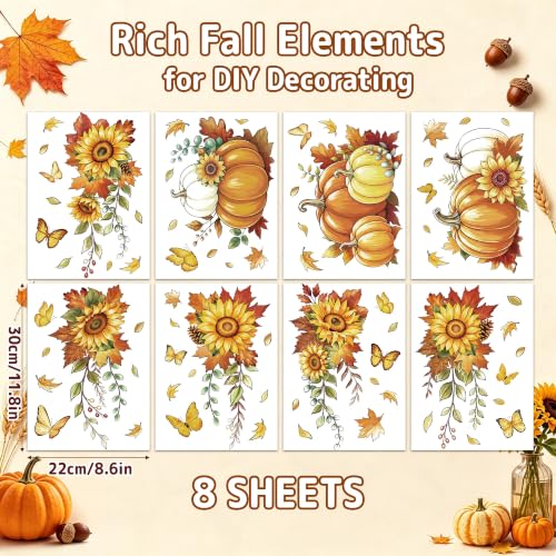 Fall Window Clings Pumpkin Sunflower Decor 8 Sheets Autumn Glass Stickers