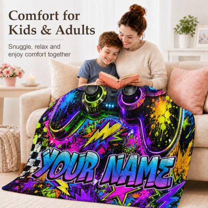 Personalized Gaming Blanket for Boys - Custom Name Gift for Kids Teens - Black