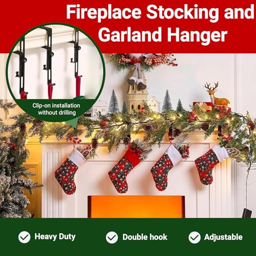 Heavy Duty 2-in-1 Fireplace Stocking and Garland Hanger - 6 Pcs, Adjustable No Drill Christmas Mantle Hooks