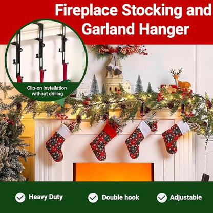 Heavy Duty 2-in-1 Fireplace Stocking and Garland Hanger - 6 Pcs, Adjustable No Drill Christmas Mantle Hooks
