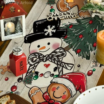 Snowman Gingerbread Table Runner 13x60 Inch Home Decor - Wood Variation