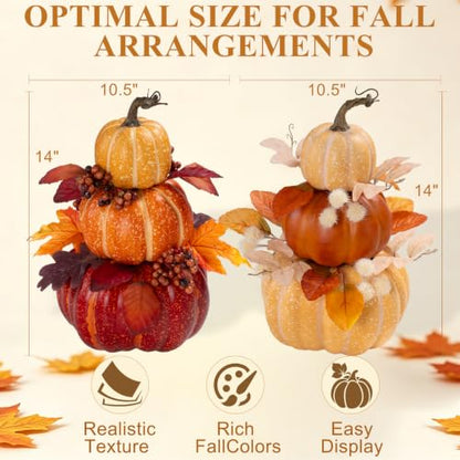2Pcs Large Stacked Pumpkin Decor Set - Light Yellow & Orange Autumn Topiaries with Maple Leaves for Fall Harvest Halloween Thanksgiving