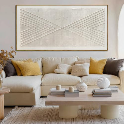Beige Geometric Textured Wall Art 29x58 Inch with White Beige Variation