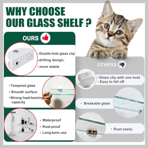 16-Inch Glass Floating Shelves for Bathroom, Kitchen & Living Room - 3 Pack, Tempered Glass with Zinc Alloy Brackets