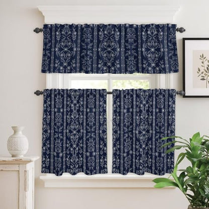 Navy Blue Floral Kitchen Curtains Set Valance & Tier 3 Pieces 54x18+27x24 Variation