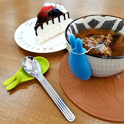 SNAIL GARDEN 2Pcs Stainless Steel Tea Bag Tongs, Round Tea Bag Squeezer with 2Pcs Bunny Silicone Tea Bag Holders & Rests- 6inch Tea Bag Strainer Clips Herb or Sugar Ice Cube for Kitchen Bar Tools