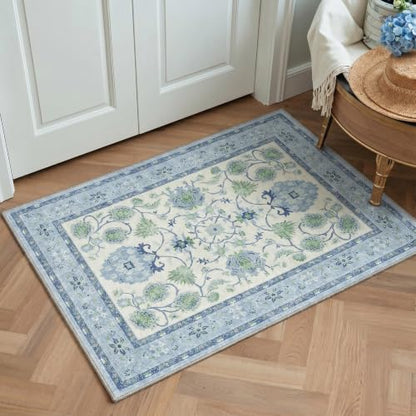 Blue Green Washable Runner Rug 2x5 Non Slip Hallway Bathroom Kitchen