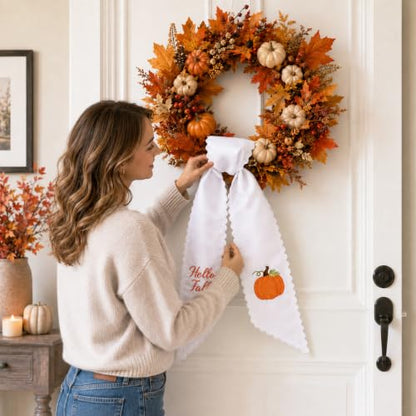 Fall Wreath Sash with Embroidered Pumpkin and Hello Fall Banner - 55.1" x 4.7"