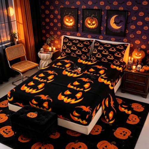 Kids Halloween Bed Sheets Set Full Size Trick or Treat Bedding with Deep Pockets - Black Yellow Orange