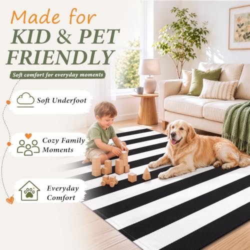 Black White Striped Entryway Rug - 2'4 x 3'7 Front Door Mat - Farmhouse Style