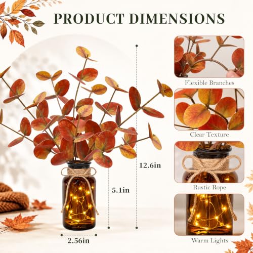 Artificial Eucalyptus in Glass Vase with LED Lights - Orange Fall Decor