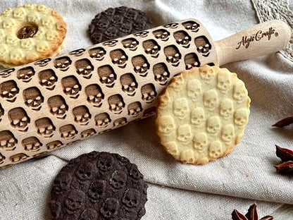 SKULL Rolling Pin. Embossing rolling pin with SKULL PATTERN Embossed skull cookies for HALLOWEEN. Wooden Laser Cut Rolling Pin for Halloween cookies, play dough, salt dough by Algis Crafts