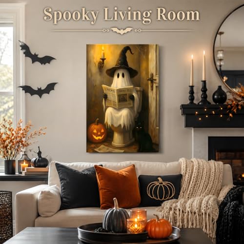 Halloween Ghost Bathroom Canvas Wall Art 8x12 Inches - Spooky Toilet Scene - Dark Halloween Home Decor - Pictures15