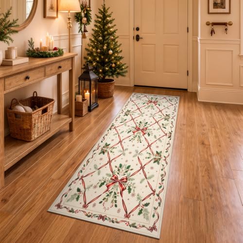 Morebes 2x6 Vintage Cream Red Christmas Runner Rug - Washable Entryway Mat