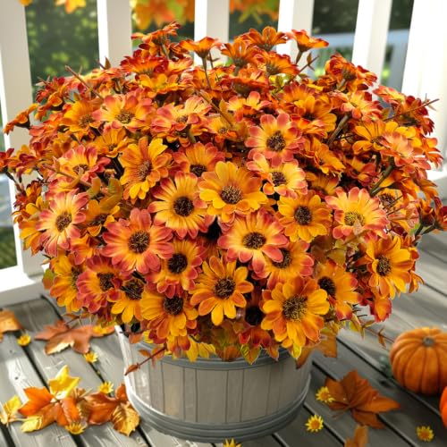 Artificial Mums Flowers for Outdoor & Indoor Decor - Orange Yellow, 12 Bundles