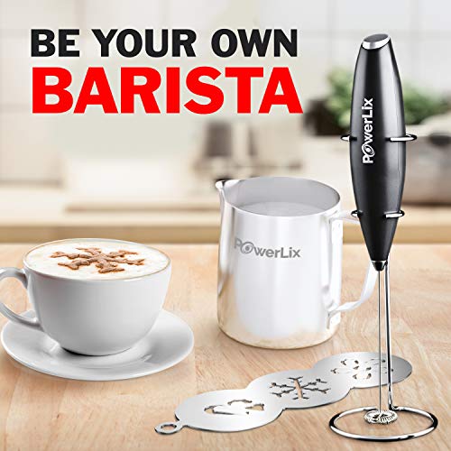 PowerLix Milk Frother With Stand Set Handheld Battery Operated Electric Foam Maker Frother Wand For Coffee, Latte, Cappuccino, Hot Chocolate, Durable Mini Drink Mixer With Stainless Steel Whisk