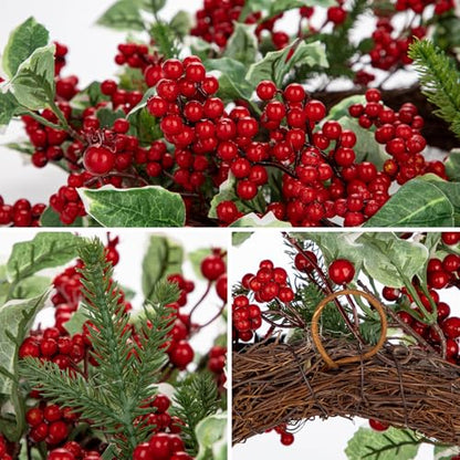 Artificial Christmas Wreath for Front Door, Real Touch Pine with Berry Clusters & Holly - Red & Green, 18 Inches