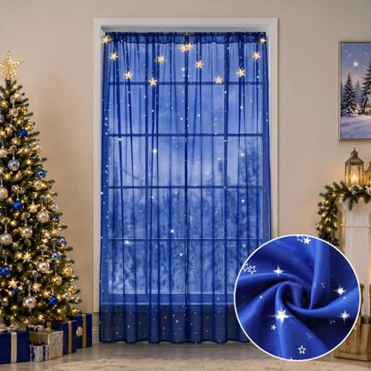 Blue Sheer Curtain with Star Pattern and String Lights for Nursery and Bedroom Decor