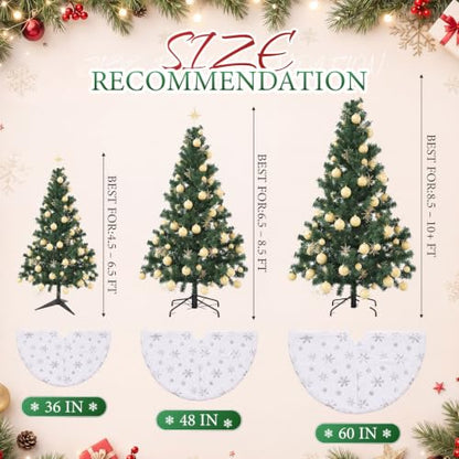 48 Inch White Faux Fur Christmas Tree Skirt with LED Fairy Lights - Silver Snowflakes