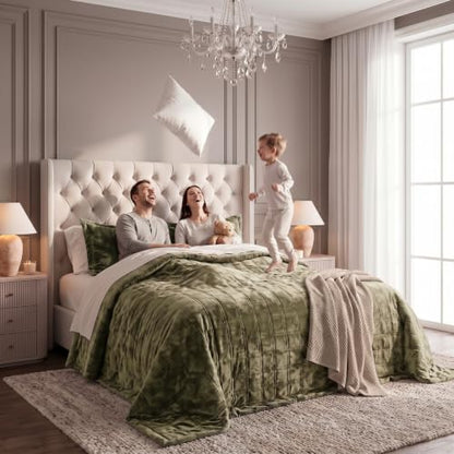 Oversized Super King Velvet Quilt Set 128x120 Inches - Olive Green - Luxury Bedding