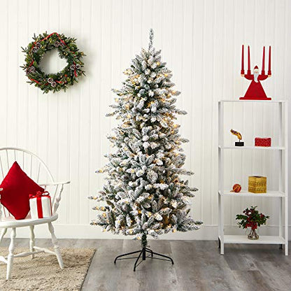 Nearly Natural 6ft 6in Flocked Livingstone Fir Artificial Christmas Tree with Pine Cones & Warm LED Lights