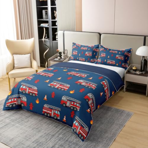 Navy Blue Full Size Fire Truck Duvet Cover Set - 100% Cotton Boys Girls Bedding