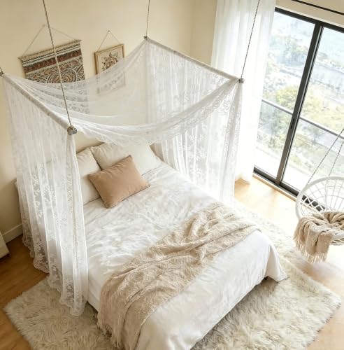 White Lace Canopy Bed Curtains for Queen, King & Twin Size Bed - 55W x 157L (Pack of 1)