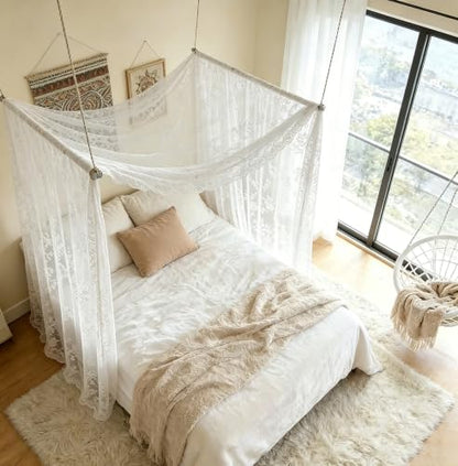 White Lace Canopy Bed Curtains for Queen, King & Twin Size Bed - 55W x 157L (Pack of 1)