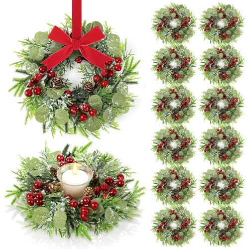 Christmas Candle Ring Set - 12 Mini Red Berry Pine Wreaths for Holiday Decor - Variation of Christmas / 12