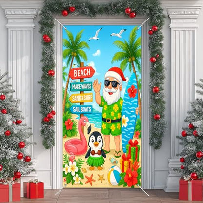Christmas Surfboard Santa Door Cover Banner - Beach Santa Penguin Holiday Style 71x35