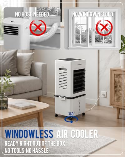 Portable Evaporative Air Cooler with Humidifier - 3 Gallon Water Tank, 10 Ice Packs, 6 Speeds & Remote