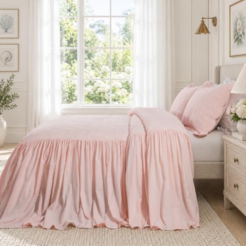 Pink Cotton Bedspread Set with Bow Stitching - King Oversized 3PC - Brandream