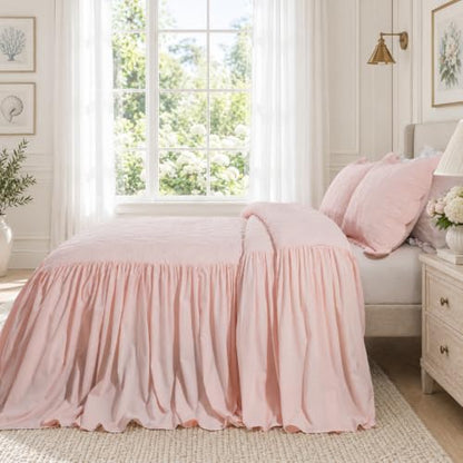 Pink Cotton Bedspread Set with Bow Stitching - King Oversized 3PC - Brandream