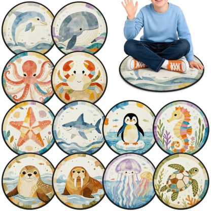 12Pcs Classroom Carpet Seats - Marine Animals Round Floor Mats for Kids