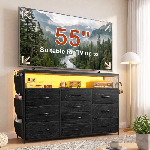10-Drawer Dresser with LED Lights, Power Outlets & Black Variation