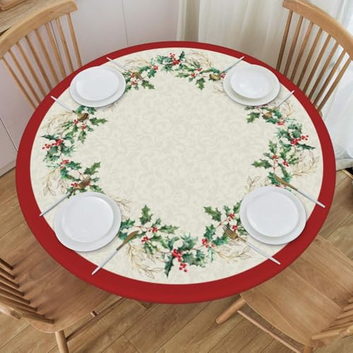Christmas Round Tablecloth 44 Inch Fitted Holiday Cover with Elastic Edge - Green & Gold Leaf
