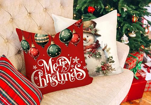 Christmas Pillow Covers Set of 4 20x20 Inches - Red White Farmhouse Holiday Decor Snowman Deer Joy Winter Throw Cushion Cases