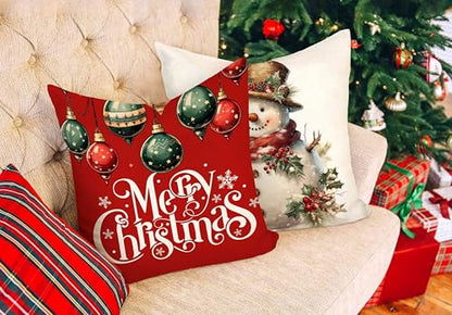 Christmas Pillow Covers Set of 4 20x20 Inches - Red White Farmhouse Holiday Decor Snowman Deer Joy Winter Throw Cushion Cases