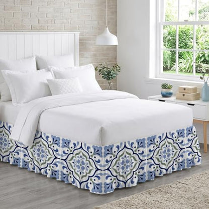 Blue Green Botanical King Size Bed Skirt 16 Inch Drop Elastic Wrap Around Dust Ruffle - Slate Blue