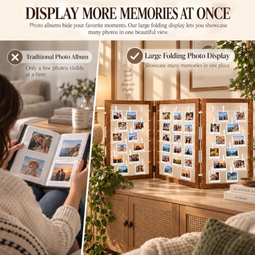 54x24 Inch Wood Photo Hanging Boards with Clips - 3-Panel Rustic Display